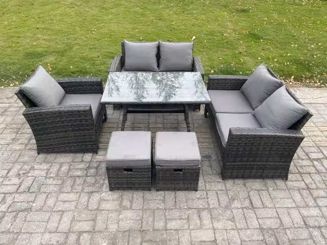 Fimous Dark Grey PE Rattan Garden Dining Set with Rectangular Table, Love Seat Sofa and 2 Footstools