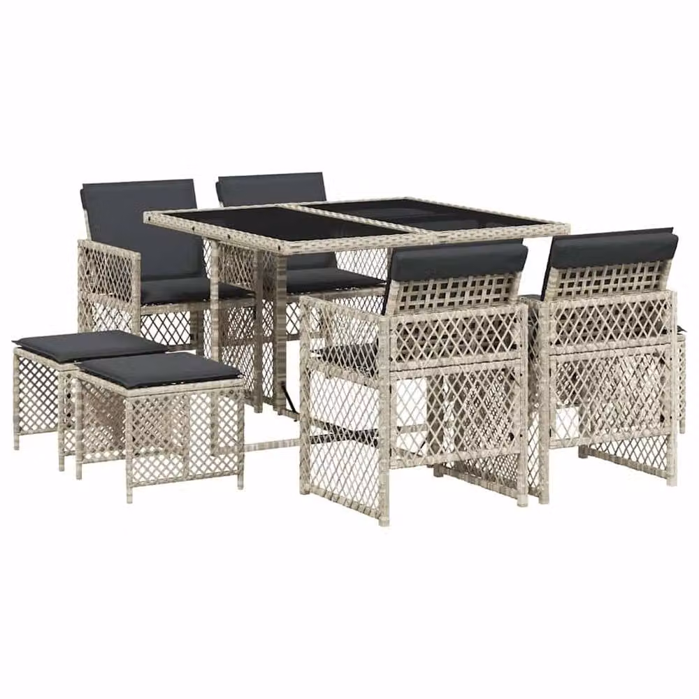 Berkfield Home 9 Piece Garden Dining Set with Light Grey Poly Rattan and Cushions – 2
