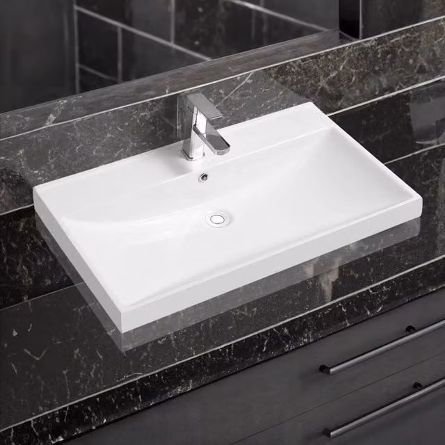 Limoge 5409 White Ceramic Rectangular Inset Bathroom Basin, W: 80 cm, D: 46 cm, H: 16.5 cm