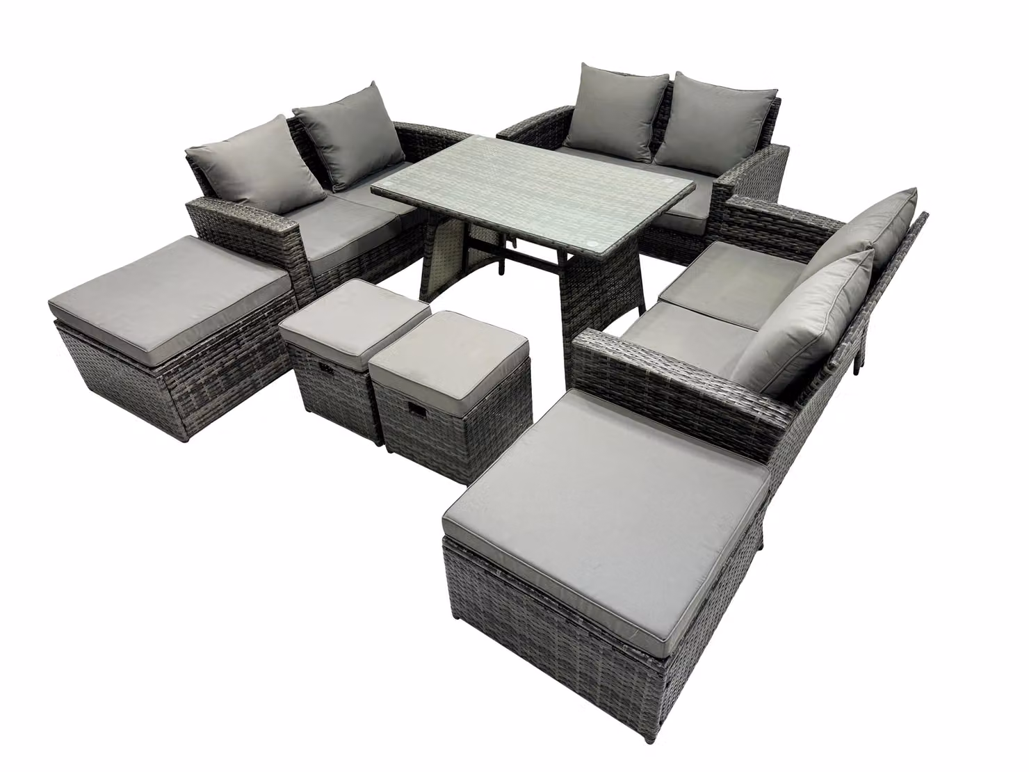 Fimous 10 Seater Outdoor Dining Set with Double Seat Sofa and 4 Stools in Dark Grey – 2