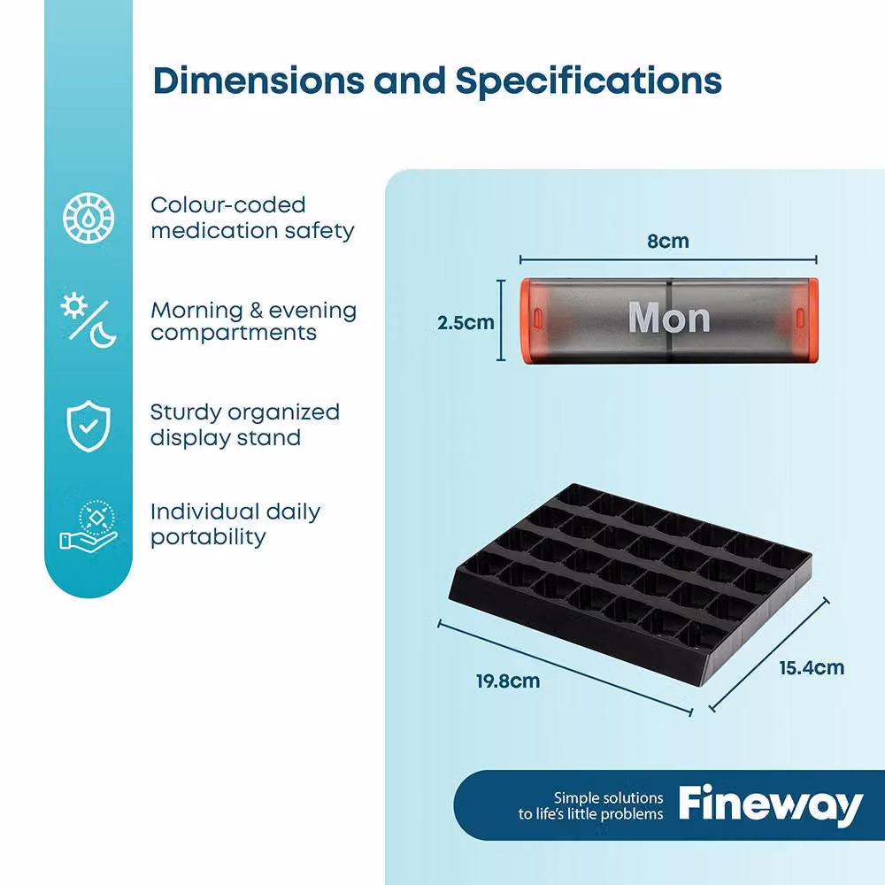 FINEWAY 28 Day Monthly Pill Organiser with Freestanding Colour-Coded Transparent Plastic Stand in Clear and Multicolour – 8