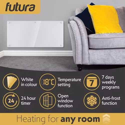 Futura 2000W White Glass Electric Convector Panel Heater with Thermostat and Open Window Detection, Wall Mounted or Freestanding – 3