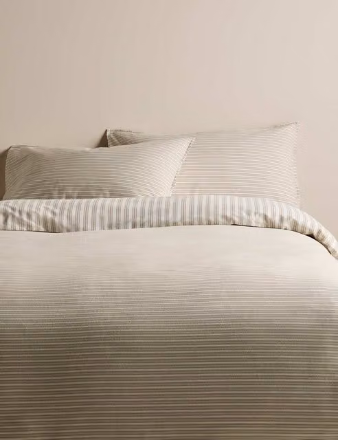 M&S Classic Striped Brushed Cotton Flannelette Bedding Set, Beige, 200 x 200 cm