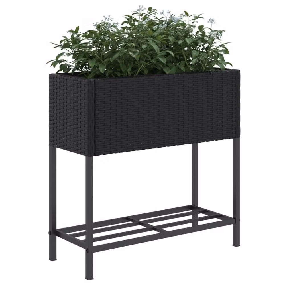 Berkfield Home Garden Planters with Shelf, 2 Piece Set, Black Poly Rattan, H 70 cm x W 70 cm x D 28 cm – 4