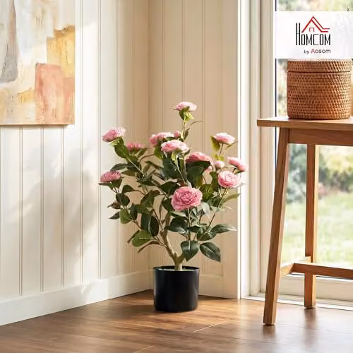 HOMCOM Pink Artificial Camellia Flower Plant with Green Leaves, Height: 65 cm – 2
