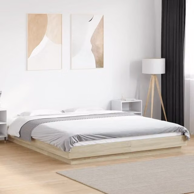 Berkfield Home Modern Bed Frame with LED Lights and USB Charging Port in Sonoma Oak Brown, W/D/H: 160 x 200 cm