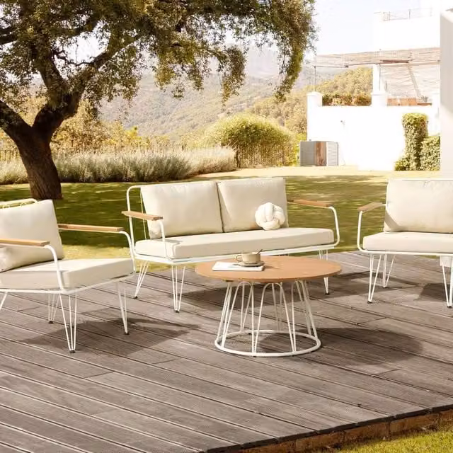Wyld and Coco 4-Seater Modern Garden Sofa Set with Beige Cushions and Steel Frame – 1