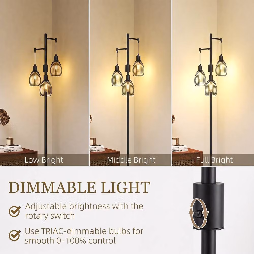 HOMCOM Industrial 3-Light Floor Lamp with Metal Lampshades in Black – 3