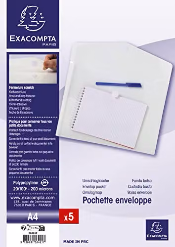 Exacompta Pack of 5 Transparent A4 Polypropylene Pocket Envelopes with Hook and Loop Closure – 3