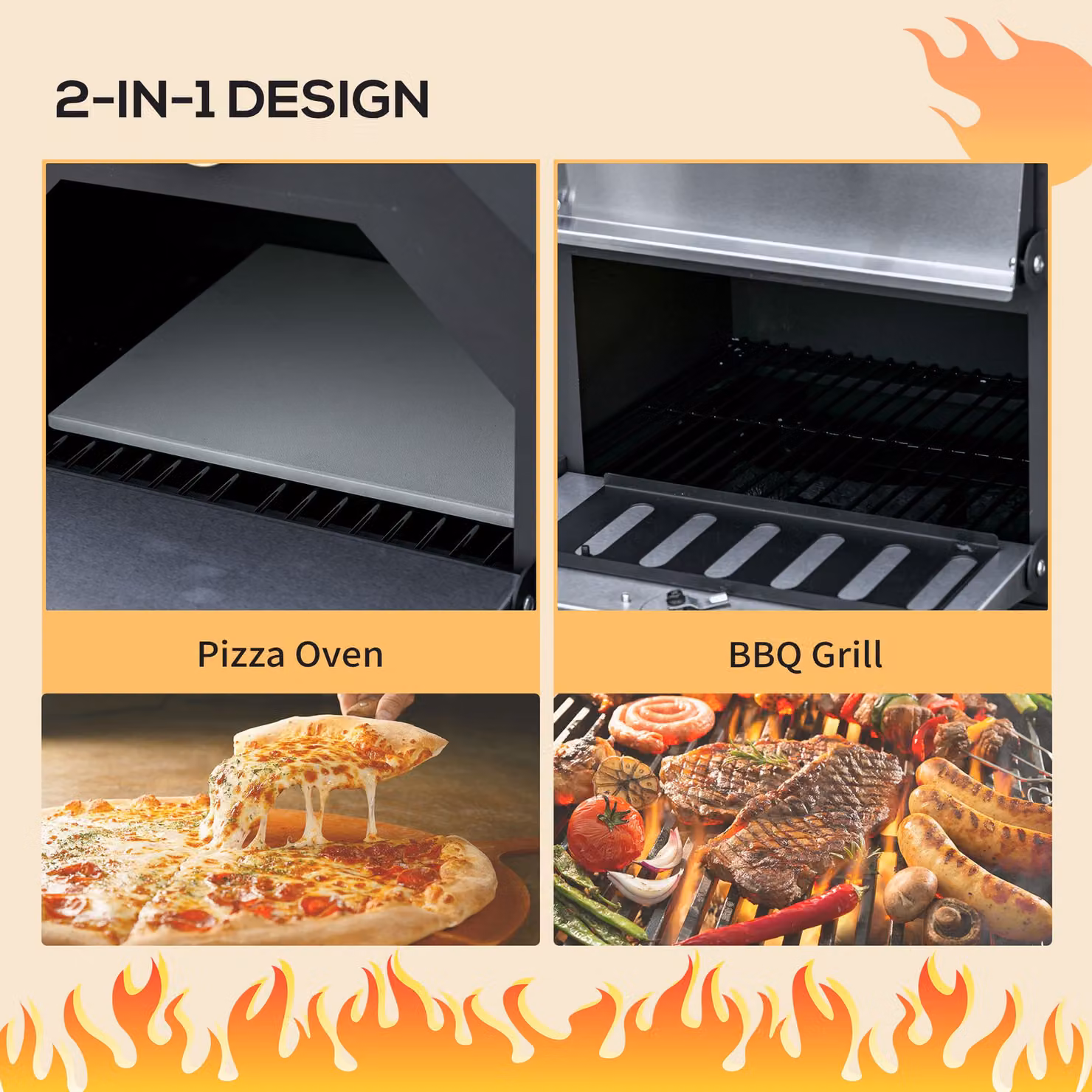 Outsunny Charcoal Pizza Oven and 3-Tier Freestanding BBQ Grill in Black and Silver with Chimney, Thermometer and Wheels – 6