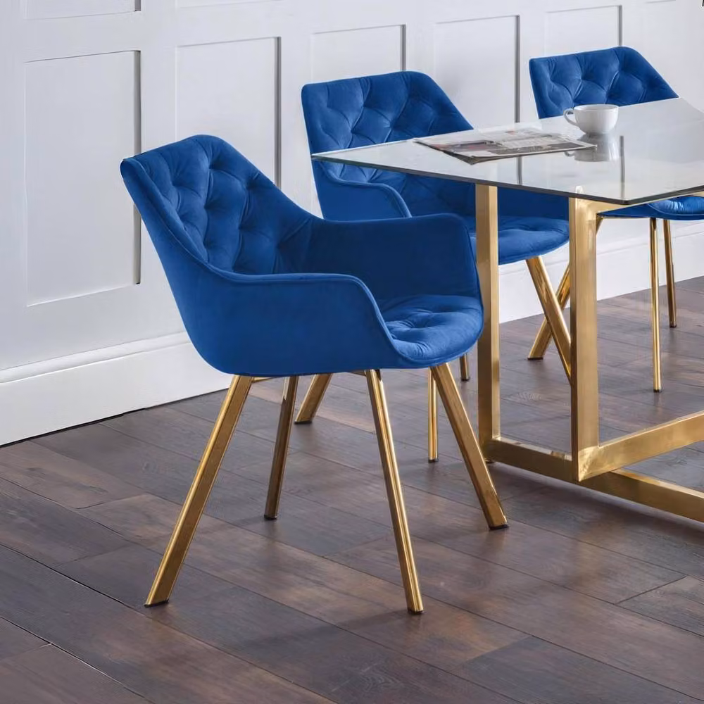 Cheshire Yorkshire Set of 2 Modern Blue Velvet Dining Chairs with Armrests – 3