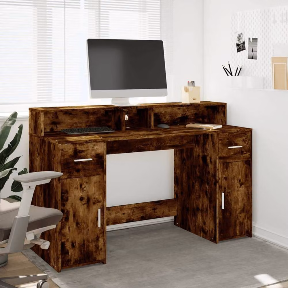 Berkfield Home Gaming Desk with LED Lights in Smoked Oak Brown, W/D/H: 140 x 55 x 91 cm – 3