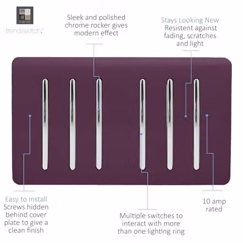 Trendi 6 Gang 2 Way Rocker Double Plate Tactile Light Switch in Plum Purple – 2