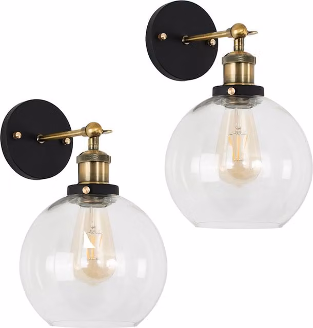 Sheridan Industrial Pair of Black and Gold/Brass Indoor Wall Lights with Transparent Glass Spheres