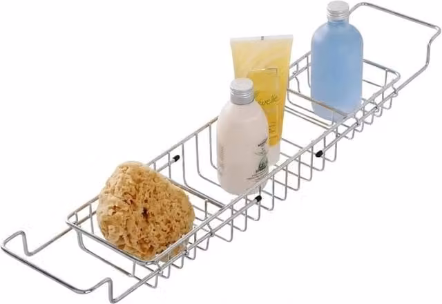 VOGREX Adjustable Rustproof Chrome Steel Extendable Bath Caddy Storage Tray in Silver
