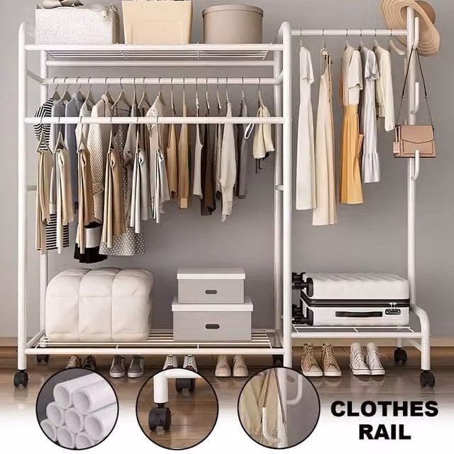 EONLION Heavy Duty Metal Double Rail Clothes Hanging Rack and Shelf Display Stand in Matt White – 1