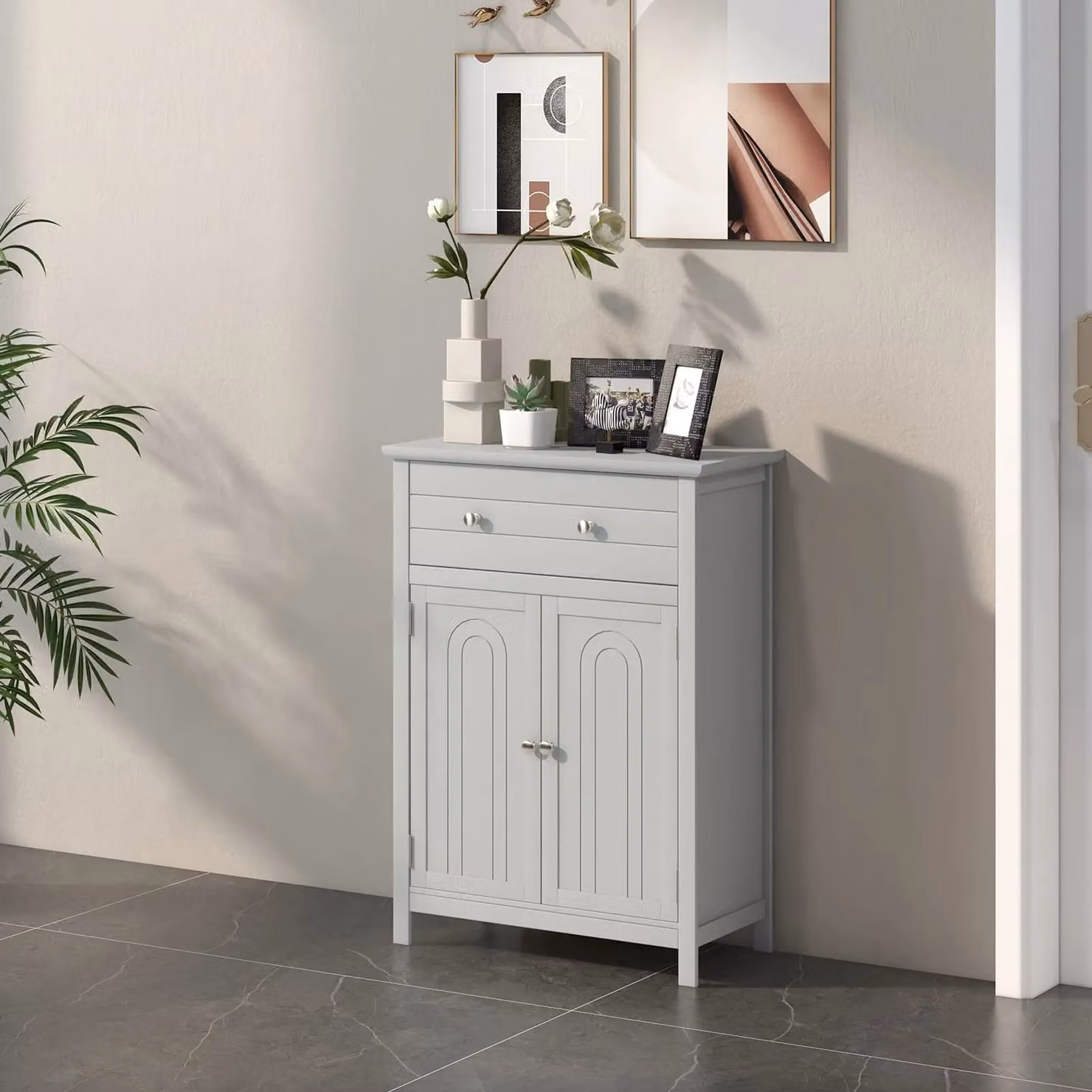 Gymax Grey Freestanding Bathroom Storage Cabinet with Internal Shelves and Drawers – 5