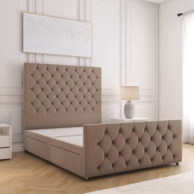 BSSPOKE Maya Super King Plush Velvet Divan Bed with 54 inch Headboard and 2 Drawers in Bronze
