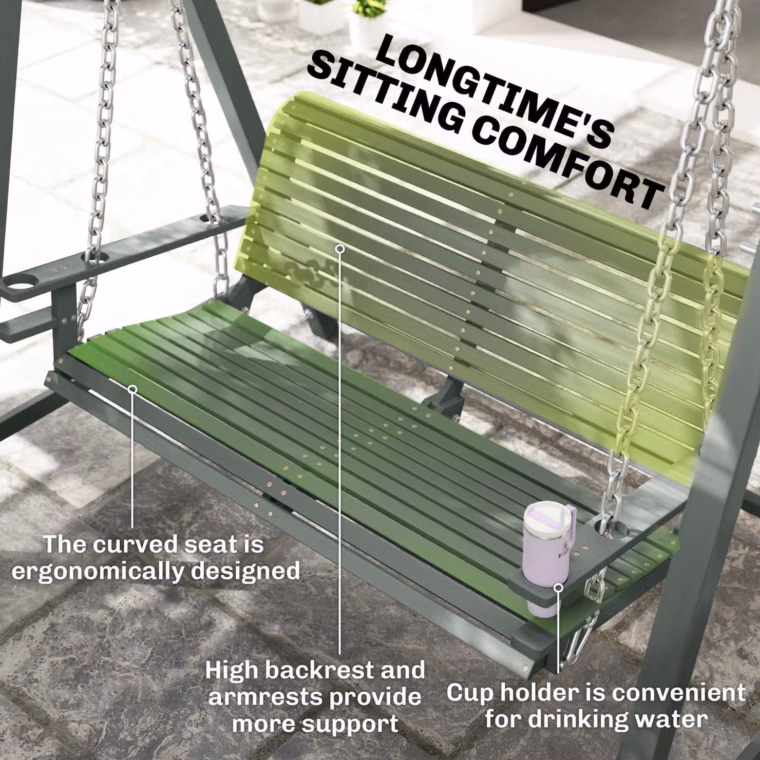 Outsunny 2 Seater Larch Wood Garden Swing Seat with Armrests and Cup Holders, Grey – 5