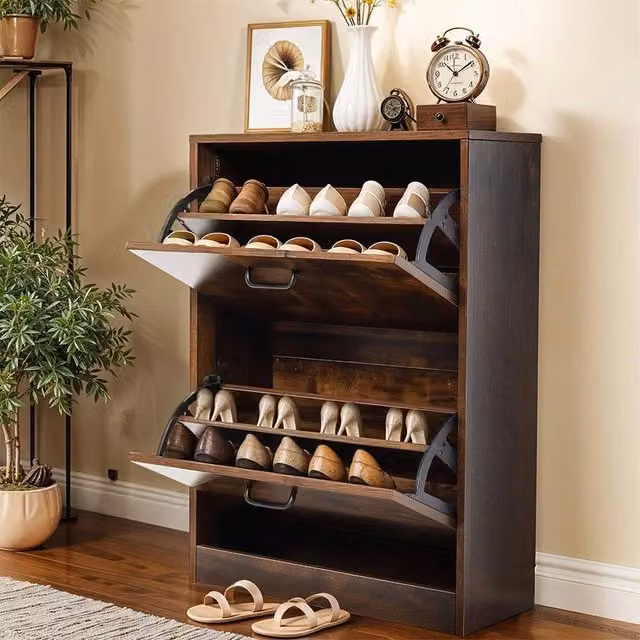 KORVIXA Modern Wooden Shoe Storage Cabinet in Brown, W: 100 cm, H: 83.5 cm, D: 10 cm – 1
