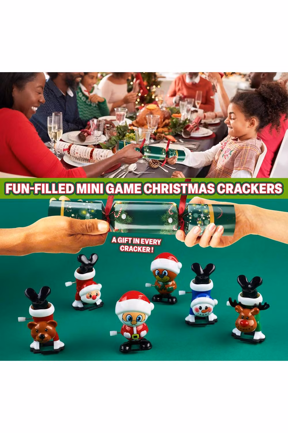 KreativeKraft Christmas Crackers Pack of 6 in Green and Multicolour with Mini Games and Wind Up Toys – 7