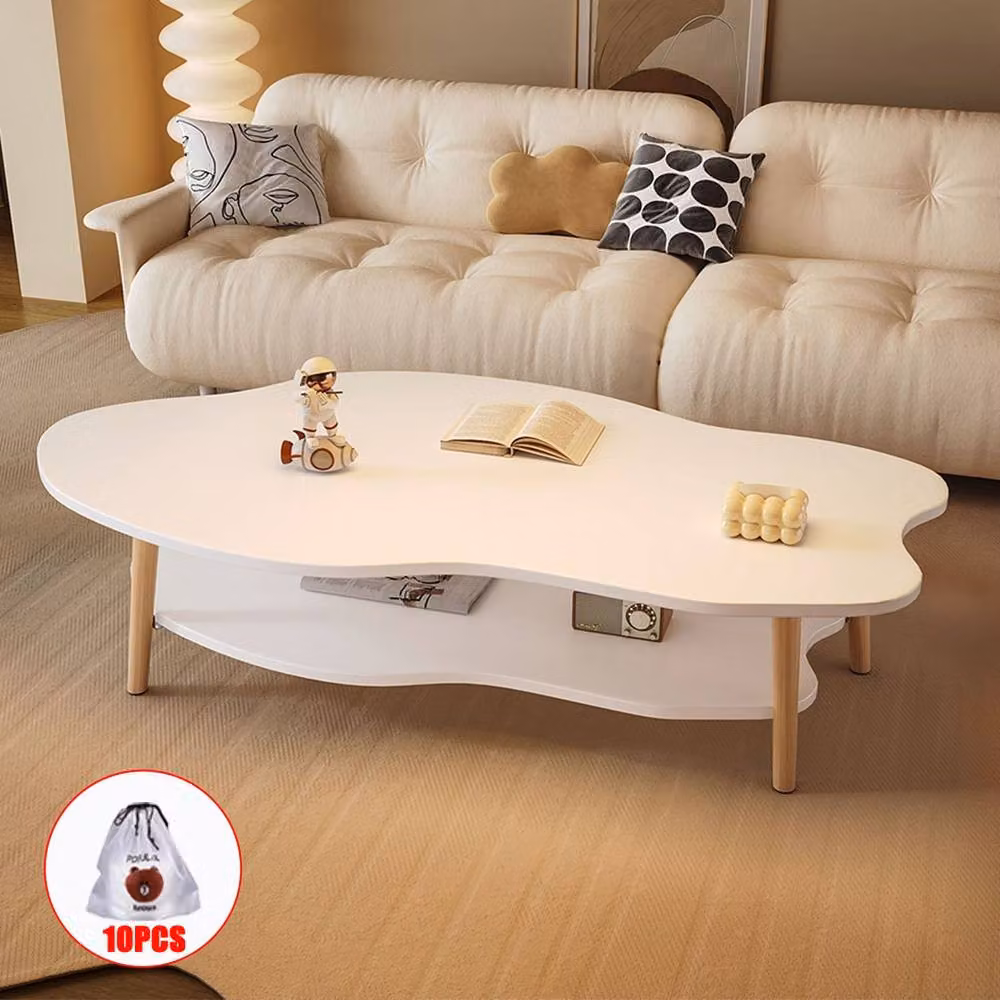 VOGREX 2 Tier Cloud Coffee Table with Storage Shelf, White, W/D/H: 100 x 50 x 40 cm – 2