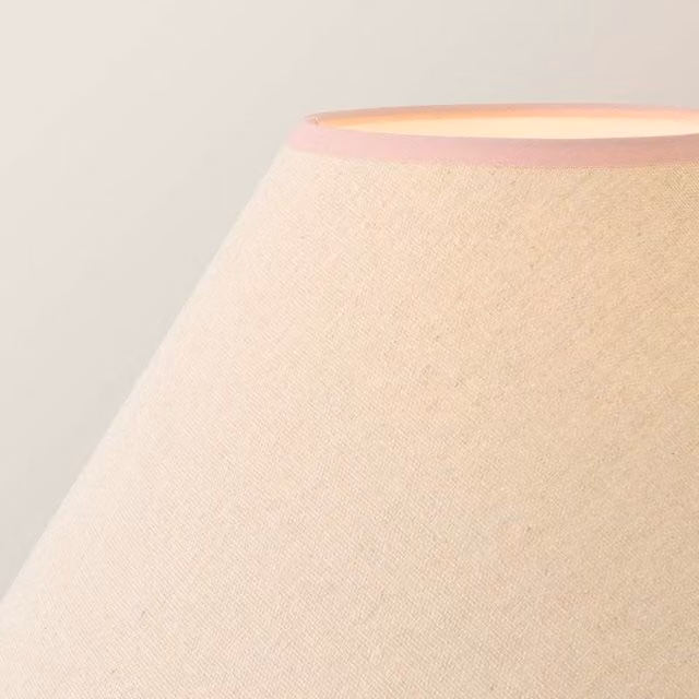 Bobbin Walnut Floor Lamp with Pink Trim Linen Shade in Brown and Beige