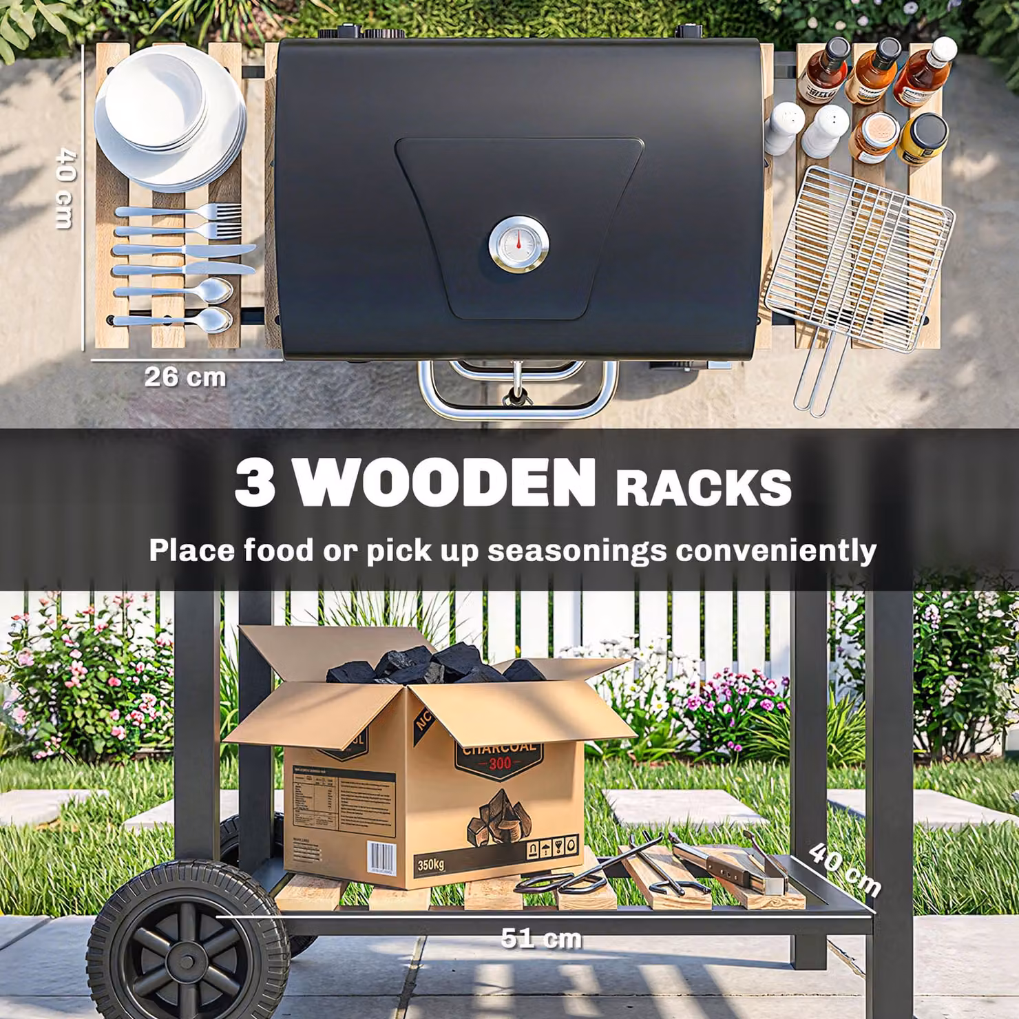 Outsunny Charcoal BBQ Grill with Height Adjustable Pan, Warming Rack, Thermometer and Wheels, Black/Grey, W/D/H: 107 x 58 x 112 cm – 7