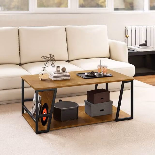 Costway 2-Tier Rectangular Industrial Coffee Table with Shelf in Brown and Natural Wood