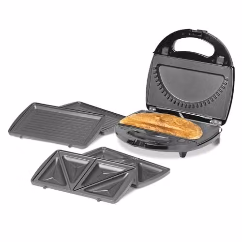 Daewoo 3-in-1 Panini Press, Sandwich and Crimp Maker with Removable Non-Stick Plates, 750W, Black