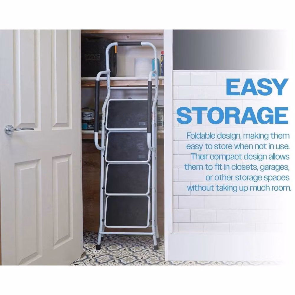 NESTLUNE 4 Step Folding Ladder with Dual Handrails in White, W: 100 cm, D: 40 cm – 4