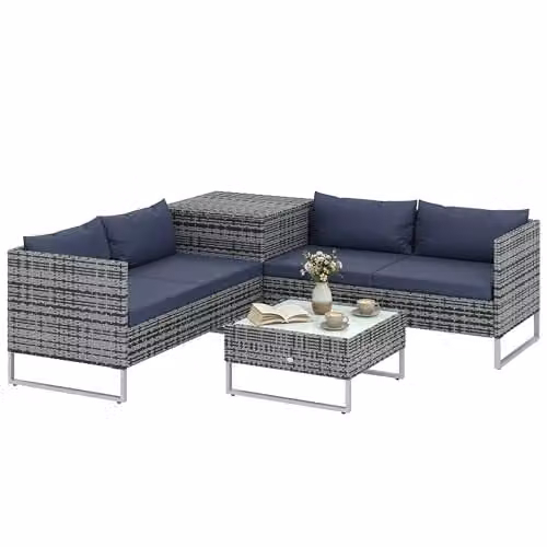 Outsunny 4 Seater L-Shape Rattan Garden Furniture Set with Storage Table and Blue Cushions – 1