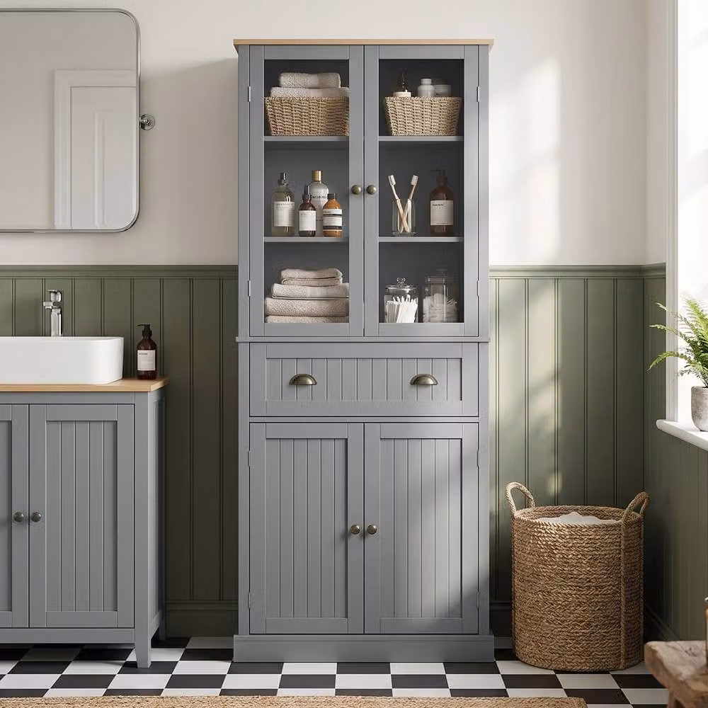 STILVORA Grey Matt Kitchen Pantry Cupboard with Glass Doors and Internal Shelves – 8