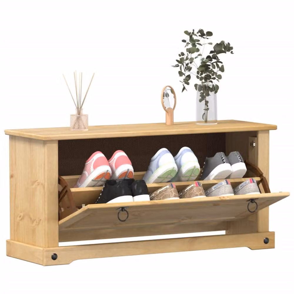 Berkfield Home Corona Shoe Cabinet in Natural Solid Wood Pine, W/D/H: 99 x 32 x 47 cm – 1