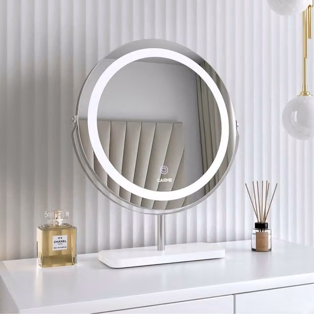 Carme Ava Round Tabletop LED Light Mirror with Touch Switch and Dimmable Function in Silver