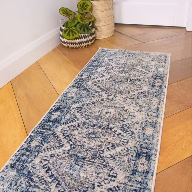 The Rug House Navy Blue Distressed Geometric Modern Rectangular Living Area Rug W: 240 cm, D: 60 cm