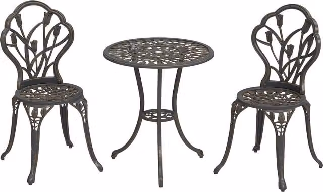 Outsunny 3 Piece Bronze Tone Aluminium Patio Bistro Set for 2 with Round Table and Umbrella Hole