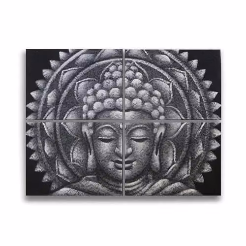KDMD Set of 4 Grey Buddha Mandala Brocade Detail Hanging Wall Art, W: 30 cm, H: 40 cm – 1