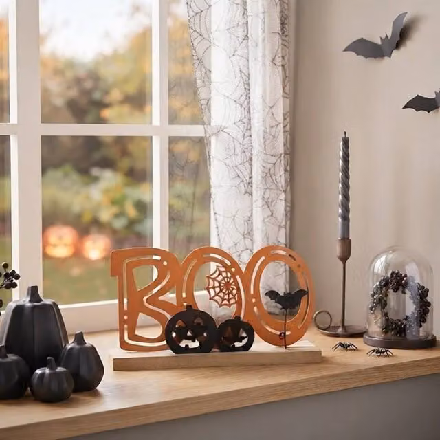 Garden Greatness Boo Wooden Decorative Halloween Tabletop Sign in Multicolour and Orange