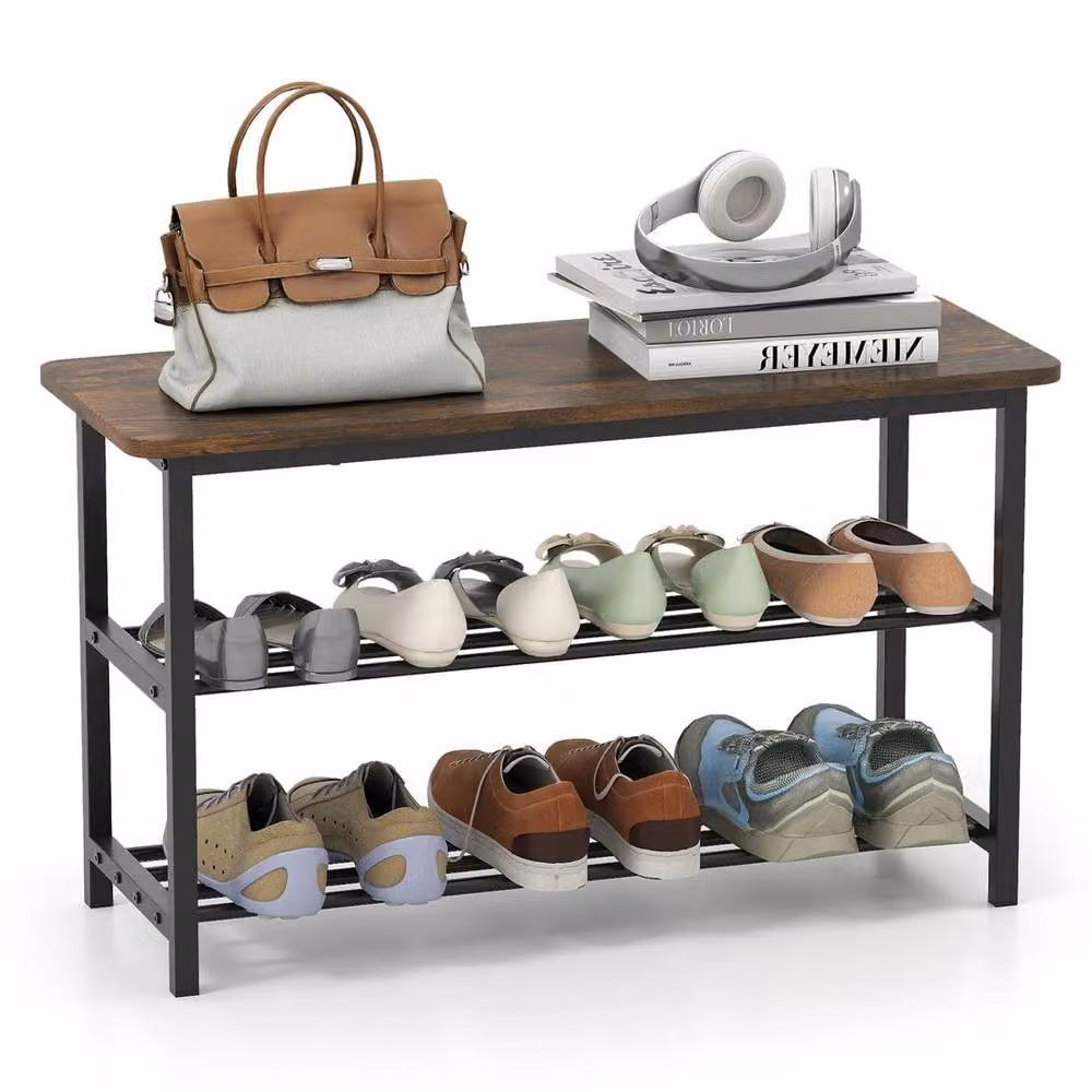Kelvenix 3-Tier Rustic Brown Shoe Rack and Storage Bench – 2