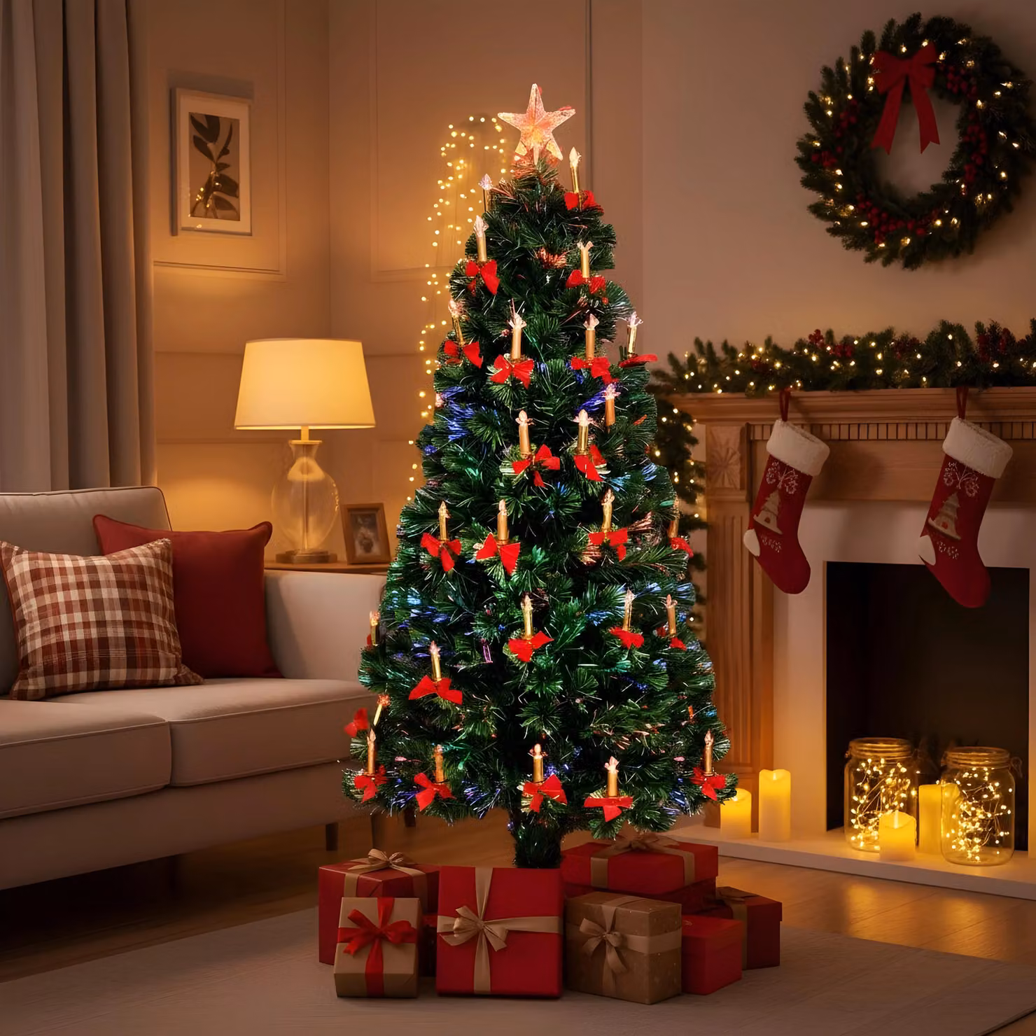 Shatchi Green LED Pre-Lit Fibre Optic Christmas Tree with Candle and Bow Decorations, Height: 120 cm – 4