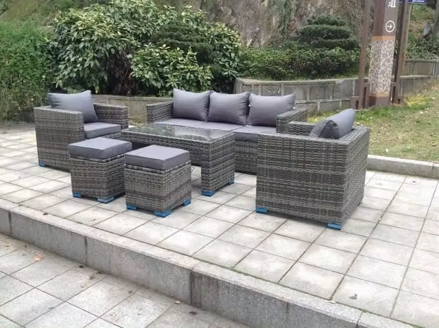 Fimous Grey Polyrattan Garden Furniture Set with 3-Seater Sofa, Armchair, Coffee Table and Ottoman