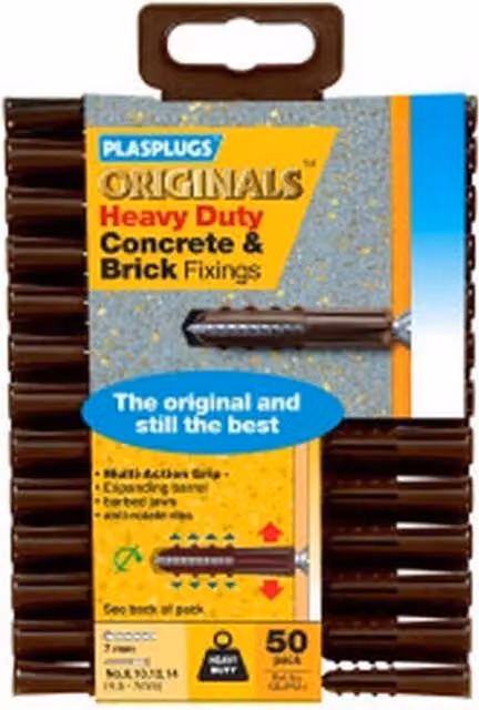 PLASPLUGS Heavy Duty Brown Concrete Wall Plugs, Pack of 50