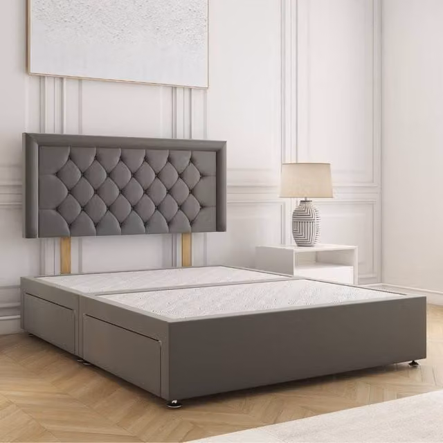 BSSPOKE Nova Plush Velvet Super King Divan Bed with 24 inch Headboard in Grey, W/D/H: 200 x 200 cm – 1
