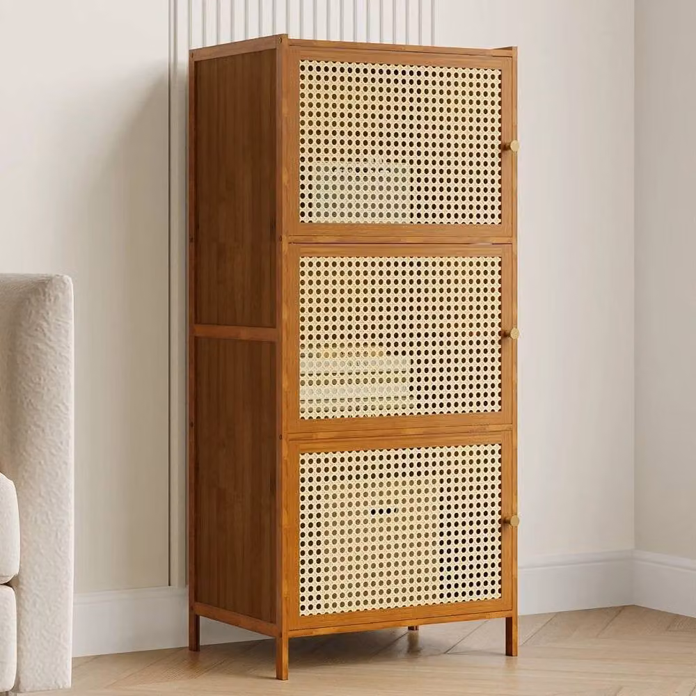 PAWNORA Modern 3-Tier Wooden Storage Cabinet with Hinged Doors in Brown – 3