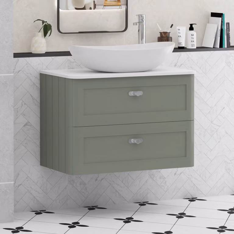 Royal Bathrooms Henley 800mm Sage Green Wall Hung Vanity Unit with 2 Drawers, Plain White Worktop, Cesar Basin and Chrome Knob