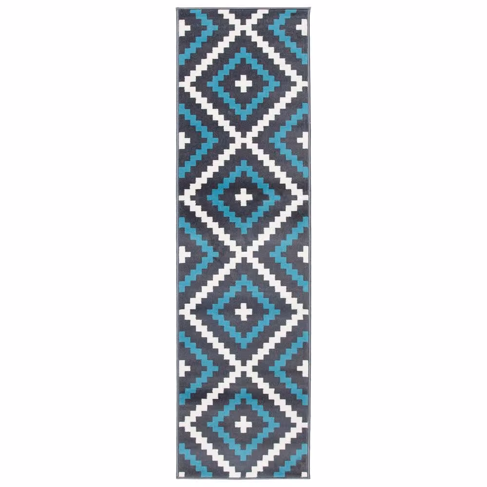 Bravich LTD Modern Geometric Tile Hallway Runner Rug, Non-Slip Low Pile in Petrol Teal, W: 60 cm, L: 600 cm – 3