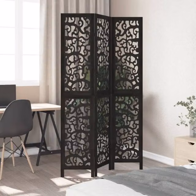 Berkfield Home 3-Panel Black Solid Paulownia Wood Room Divider, H: 200 cm x W: 330 cm (3 x 110 cm)