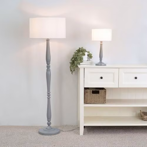 ValueLights Traditional Grey Wood Candlestick Floor Lamp with White Fabric Drum Shade and LED Bulb, H 155 cm x W 45 cm x D 45 cm – 2