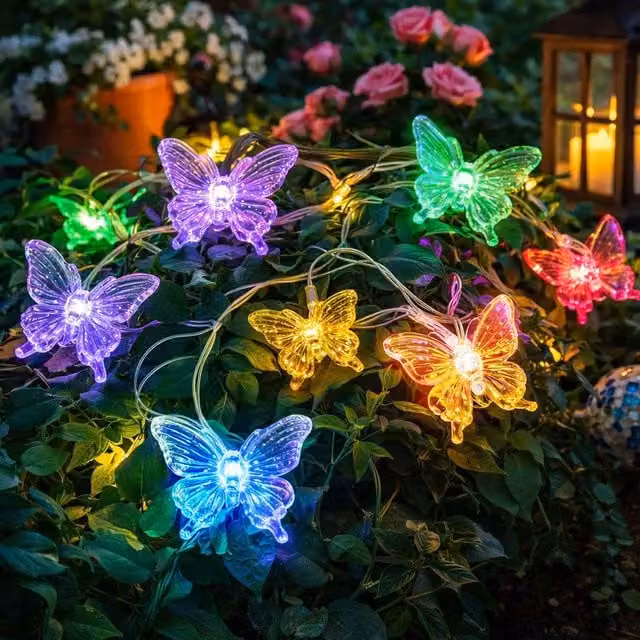Voltico 20 LED Solar Butterfly String Lights in White and Multicolour with Dusk Sensor – 1